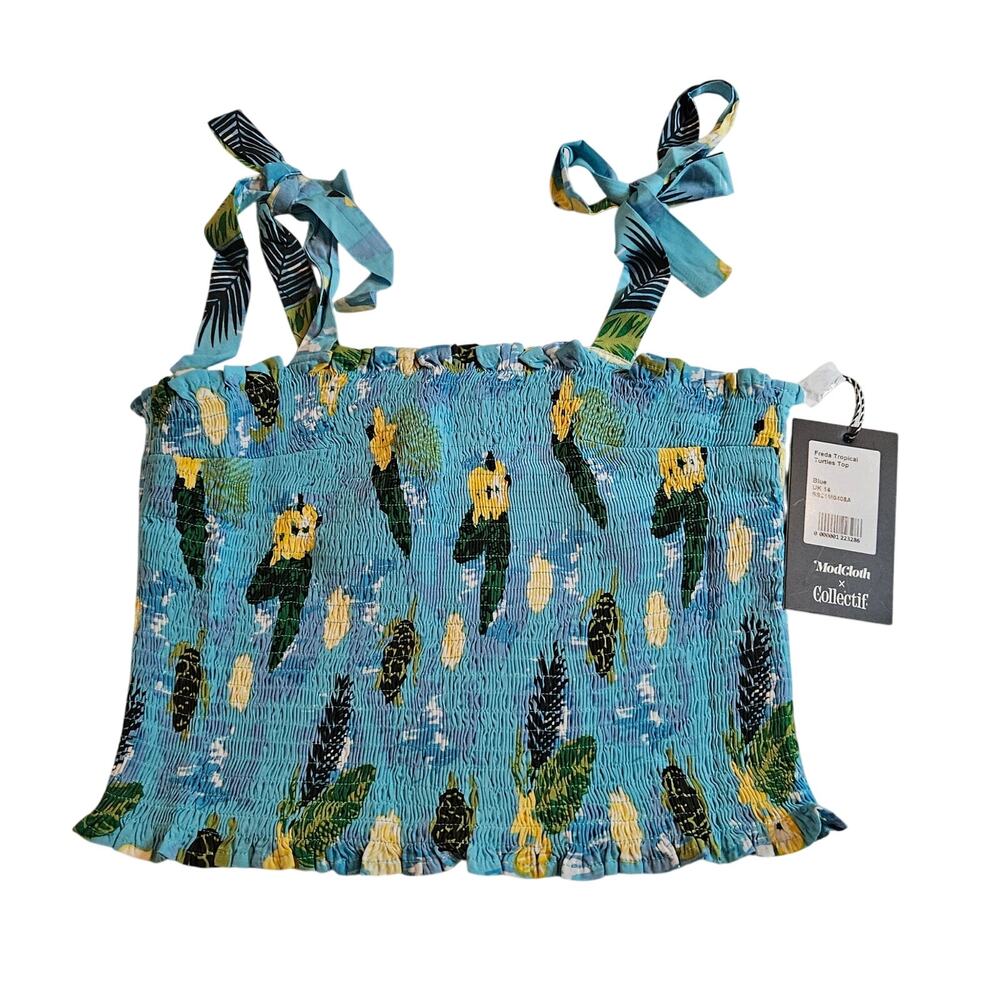Modcloth X Collectiff  Summer Fun Smocked Tank Top Tropical Turtle Sea Blue 10